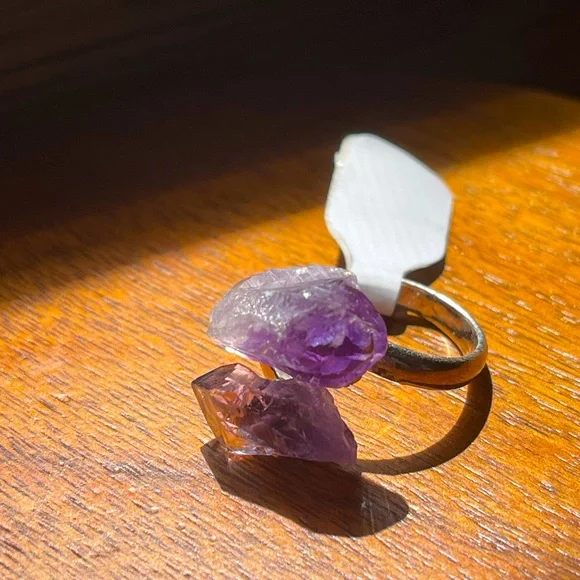 Raw Amethyst Crystal Wrap Ring on Stainless Steel Setting Adjustable One Size - Picture 8 of 9
